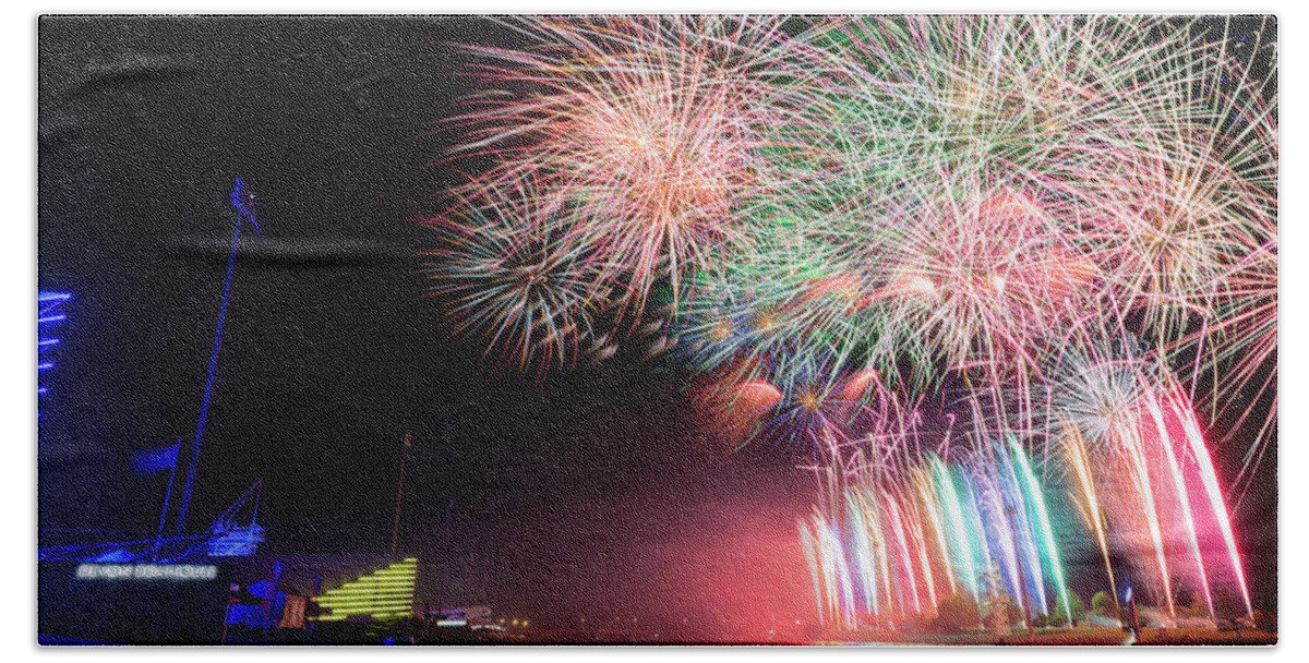 Fireworks Hand Towel featuring the photograph Boathouse Fireworks #1 by Ricky Barnard