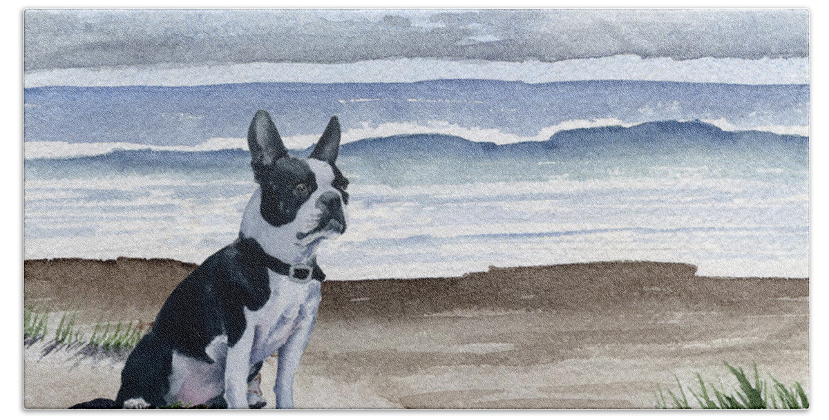 Boston Terrier Hand Towel featuring the painting Boston Terrier At The Beach #2 by David Rogers