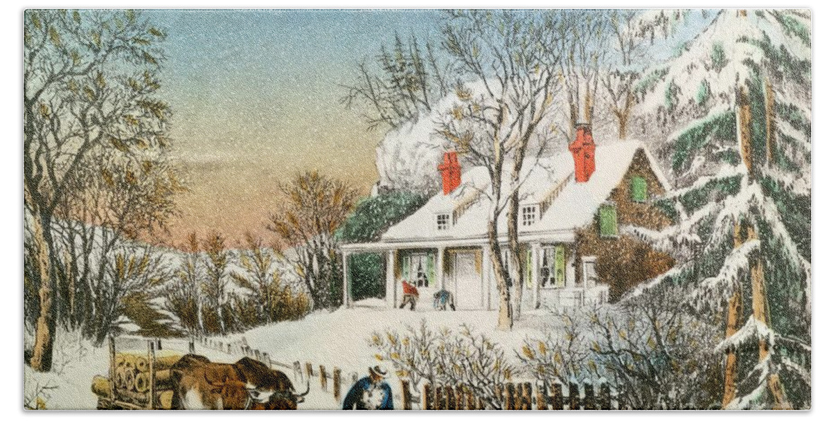 Bringing Bath Towel featuring the painting Bringing Home the Logs by Currier and Ives