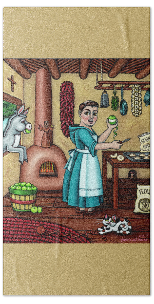 Hispanic Art Hand Towel featuring the painting Burritos In The Kitchen by Victoria De Almeida