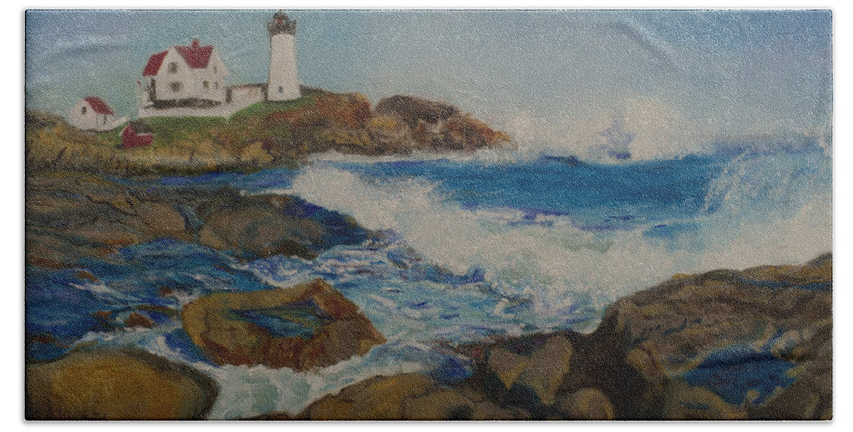 Seascape Hand Towel featuring the painting Cape Neddick by Kathy Knopp