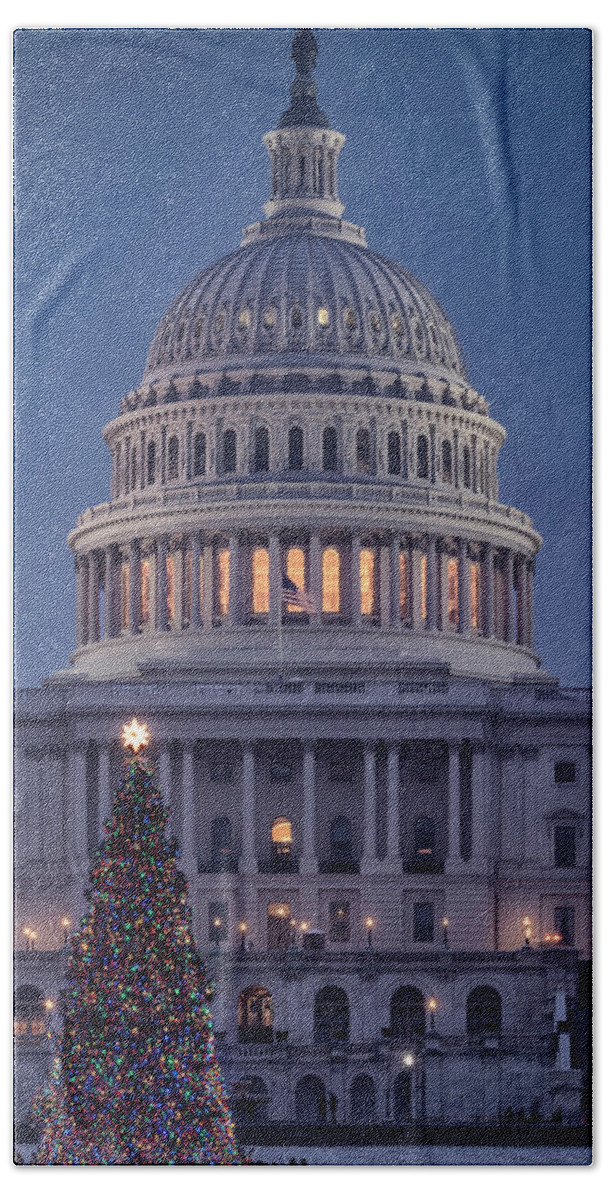 Washington Dc Hand Towel featuring the photograph Capitol Christmas 2017 #1 by Robert Fawcett