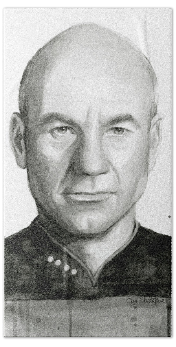 Captain Picard Hand Towel featuring the painting Captain Picard by Olga Shvartsur