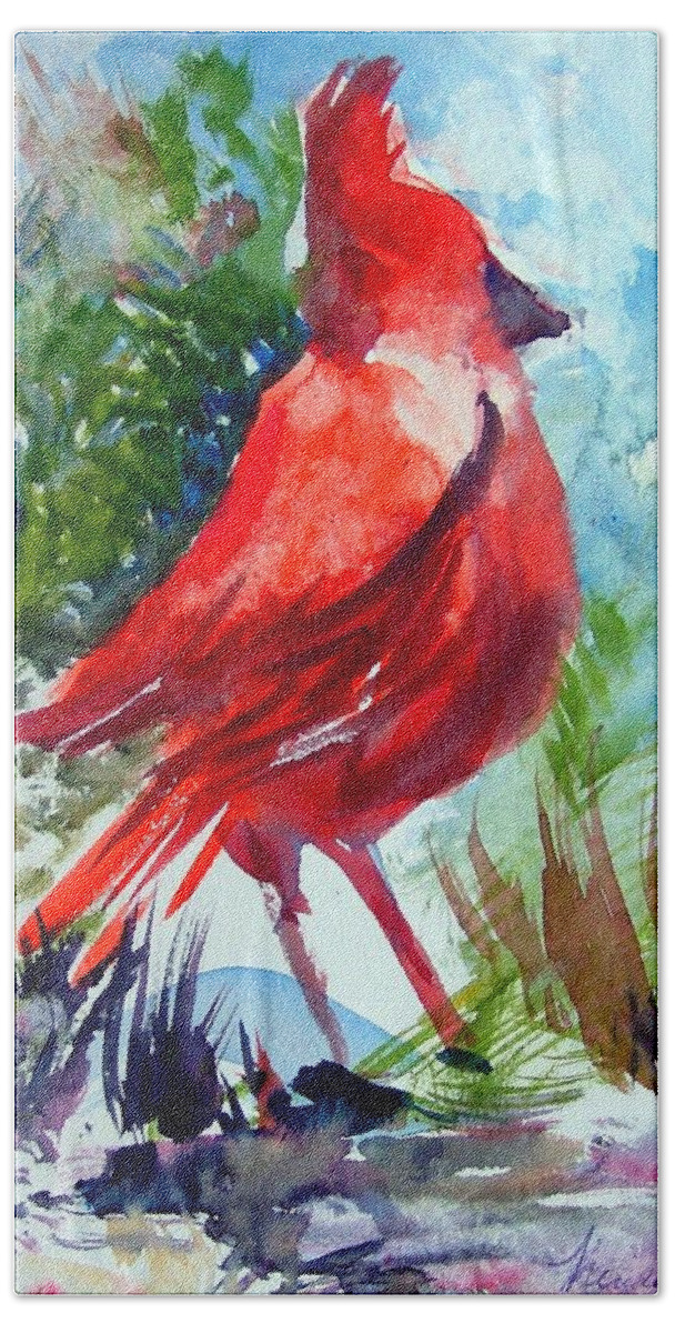 Bird Bath Towel featuring the painting Cardinal by Mindy Newman