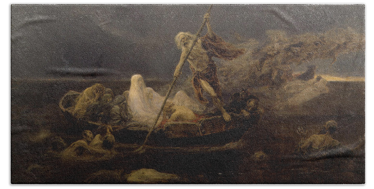 Jos Benlliure Gil Hand Towel featuring the painting Charon boat #1 by Jose Benlliure
