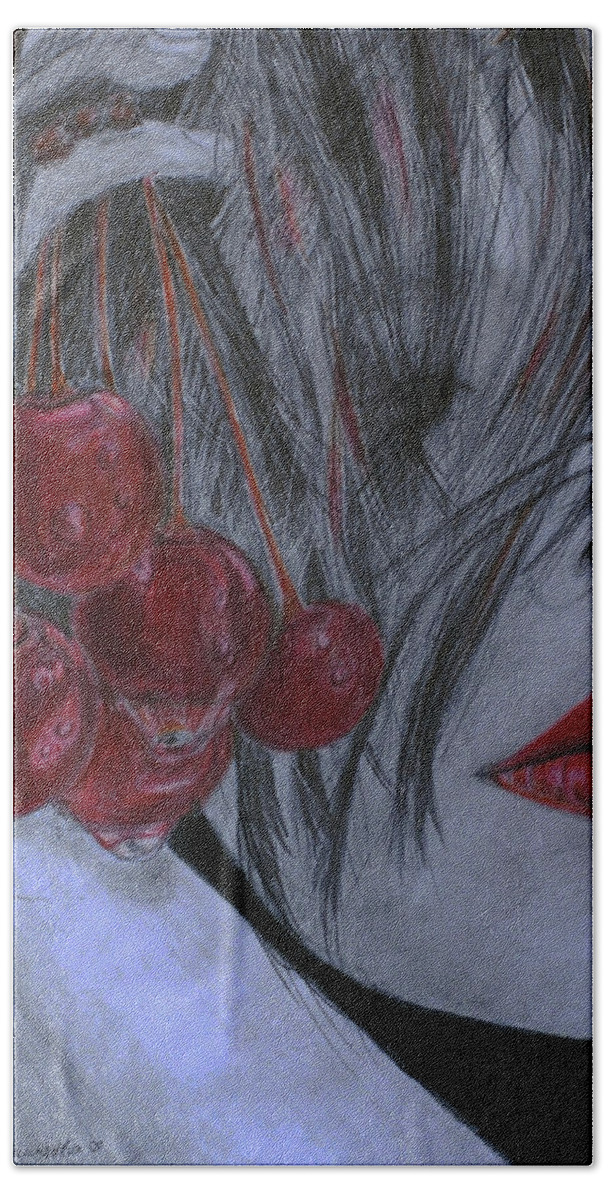 Portrait Bath Towel featuring the drawing Cherry Kisses #1 by Quwatha Valentine