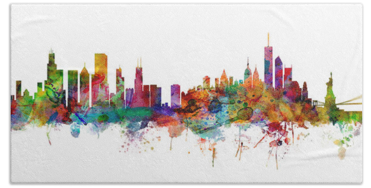 Chicago Hand Towel featuring the digital art Chicago And New York City Skylines Mashup by Michael Tompsett
