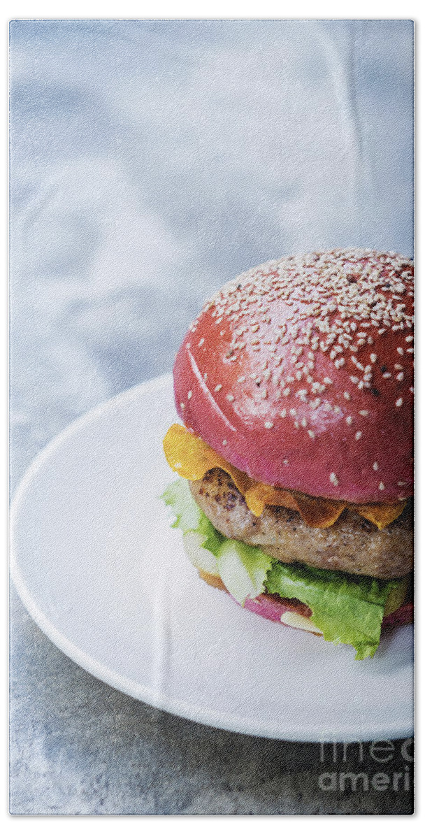 Alternative Hand Towel featuring the photograph Chicken Burger With Gherkins Beetroot Bread Bun #1 by JM Travel Photography