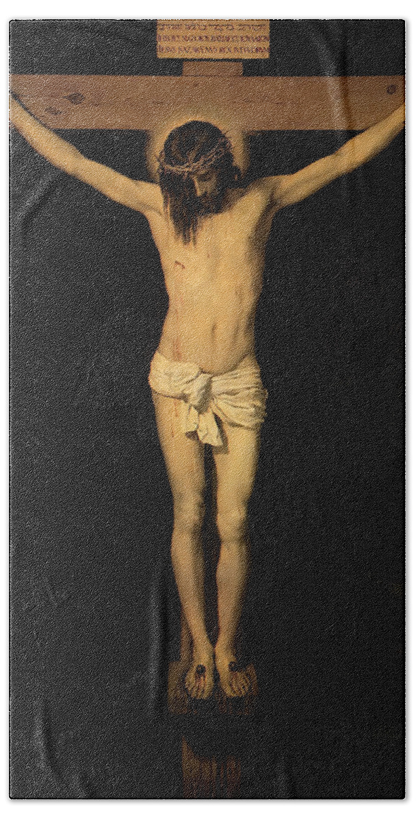 Diego Velazquez Bath Towel featuring the painting Christ On The Cross by Troy Caperton