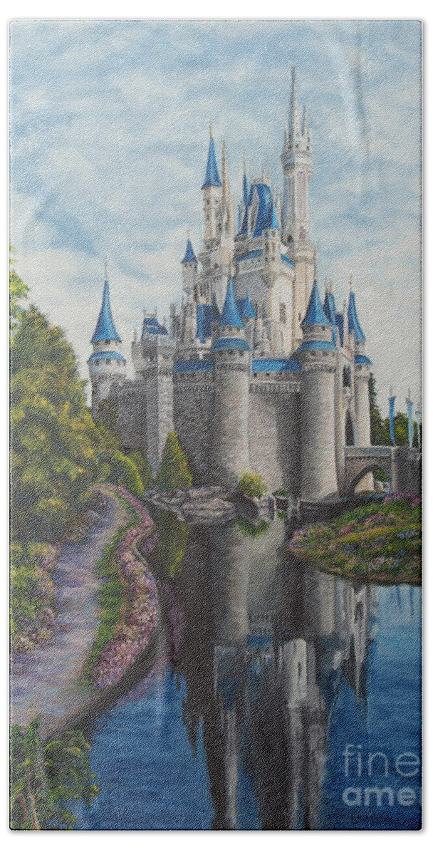 Disney Art Bath Sheet featuring the painting Cinderella Castle by Charlotte Blanchard