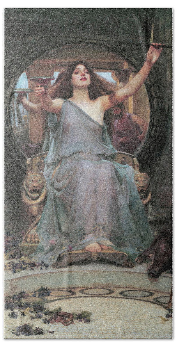 John William Waterhouse Bath Towel featuring the painting Circe Offering the Cup to Odysseus #1 by John William Waterhouse