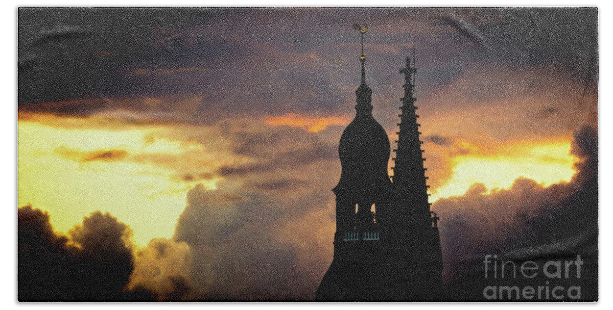 Cities Bath Towel featuring the photograph Cloudscape of orange sunset old town Riga Latvia #1 by Raimond Klavins