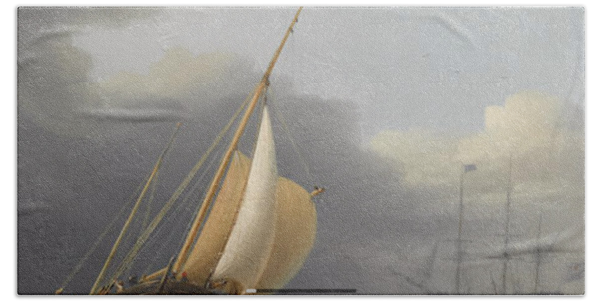 Dominic Serres (british 1722-1793) Coastal Shipping In Rough Seas Bath Towel featuring the painting Coastal shipping in rough seas by MotionAge Designs