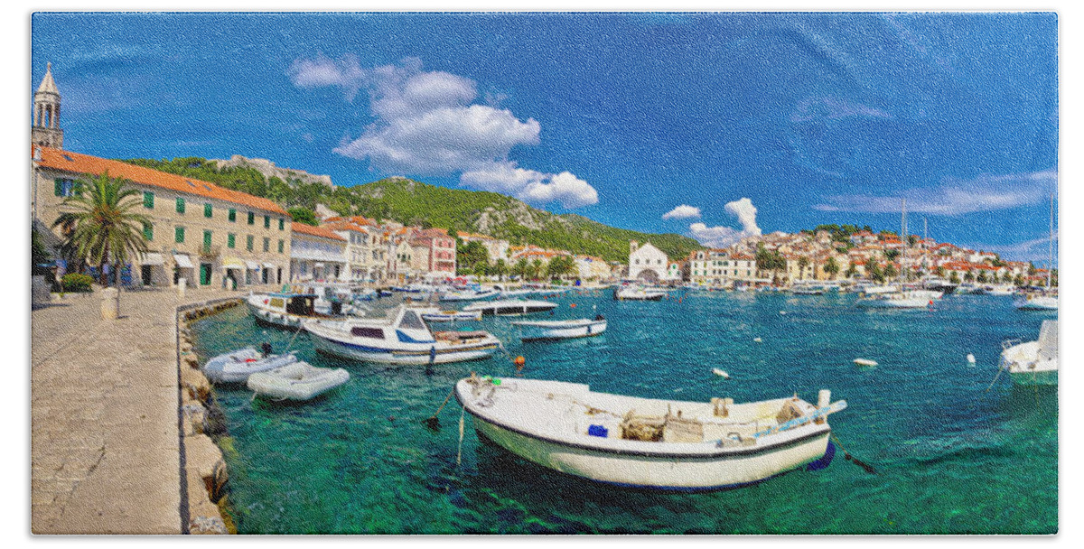 Hvar Bath Towel featuring the photograph Coastal town of Hvar waterfront panorama #1 by Brch Photography