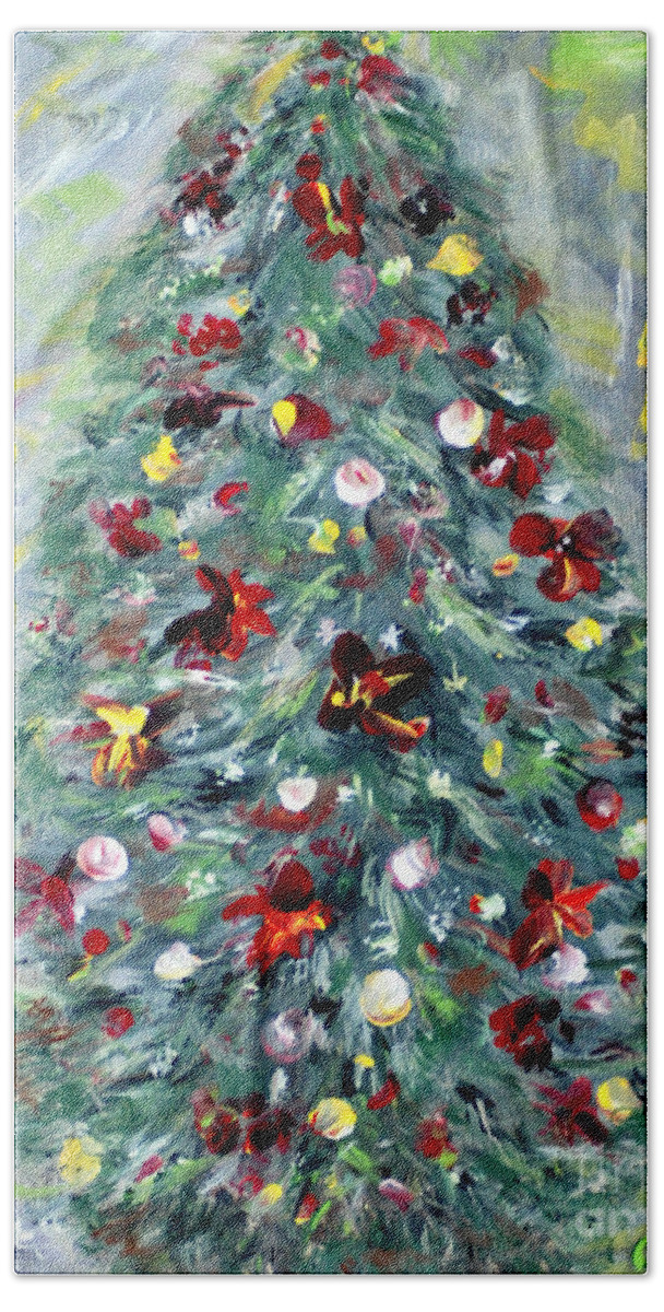 Best Offer On Original Art Bath Towel featuring the painting Christmas Tree. Green by Oksana Semenchenko
