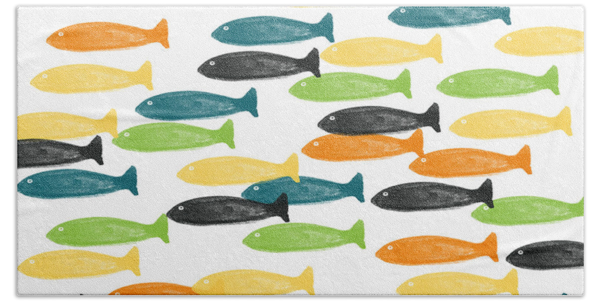 Fish Pond River Fishing Blue Green Orange Yellow Fish Pattern Art For Kids Room Dorm Room Art Cabin Art Hunting And Fishing Modern Fish Abstract Fish Art Outdoors Bedroom Art Kitchen Art Living Room Art Gallery Wall Art Art For Interior Designers Hospitality Art Set Design Wedding Gift Art By Linda Woods Hand Towel featuring the painting Colorful Fish by Linda Woods