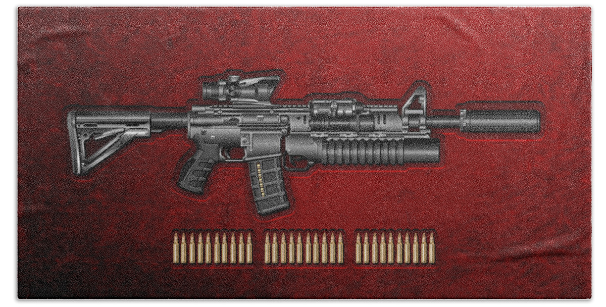 the Armory By Serge Averbukh Bath Towel featuring the photograph Colt M 4 A 1 S O P M O D Carbine with 5.56 N A T O Rounds on Red Velvet #1 by Serge Averbukh