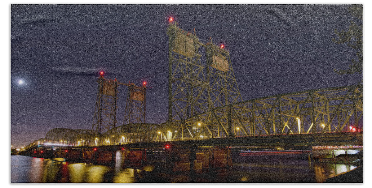 Columbia Crossing Bath Towel featuring the photograph Columbia Crossing I-5 Interstate Bridge at Night #1 by David Gn