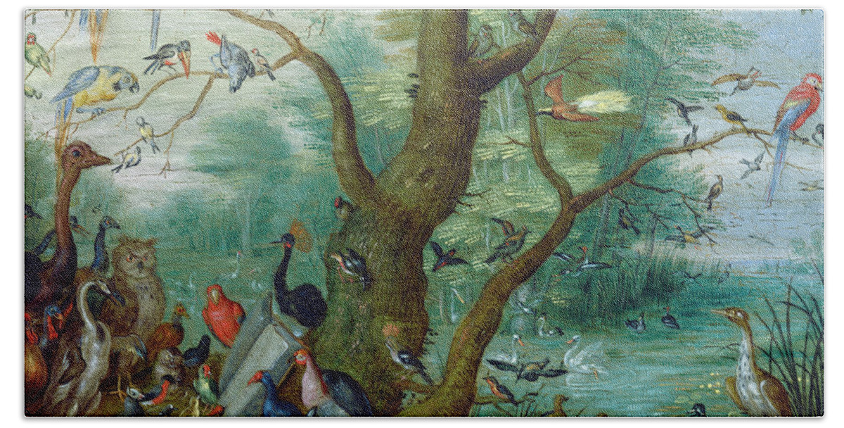 Jan Van Kessel Hand Towel featuring the painting Concert of Birds #1 by Circle of Jan van Kessel