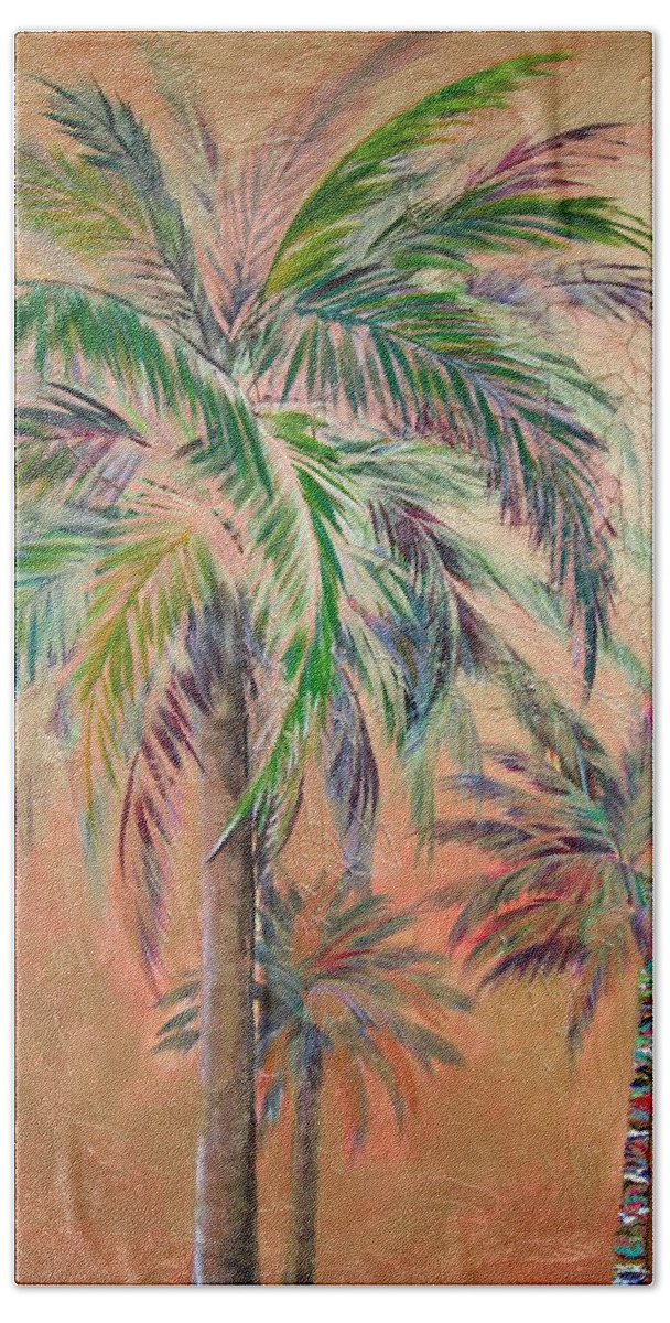 Copper Trio Of Palms Bath Towel featuring the painting Copper Trio of Palms #1 by Kristen Abrahamson