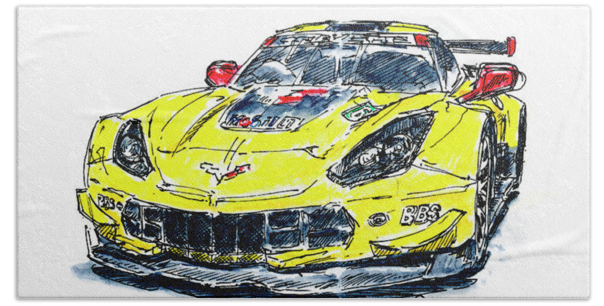 Corvette Hand Towel featuring the drawing Corvette IMSA GTLM Racecar Ink Drawing and Watercolor by Frank Ramspott