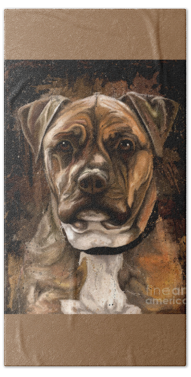 Amstaff Terrier Bath Towel featuring the painting Dog portrait painting, American staffordshire terrier by Nadia CHEVREL