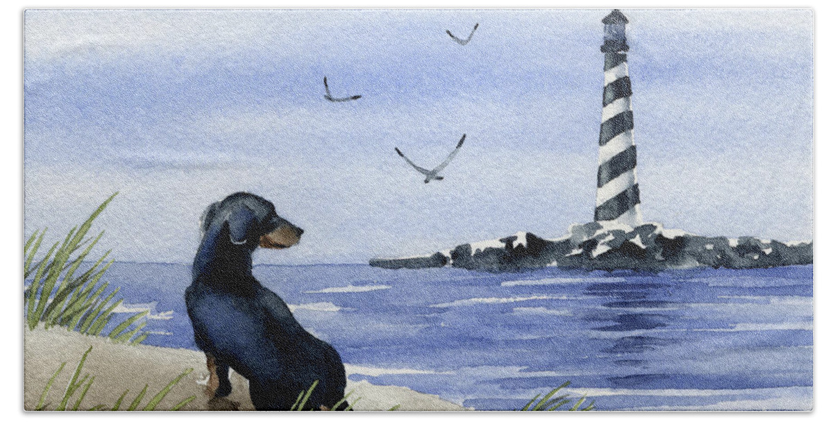 Dachshund Hand Towel featuring the painting Dachshund at the Beach #1 by David Rogers