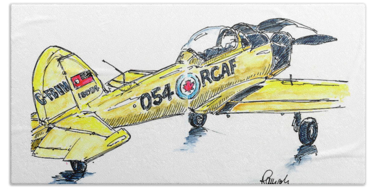 Aircraft Hand Towel featuring the drawing De Havilland Canada DHC-1 Chipmunk Aircraft Ink Drawing and Wate by Frank Ramspott