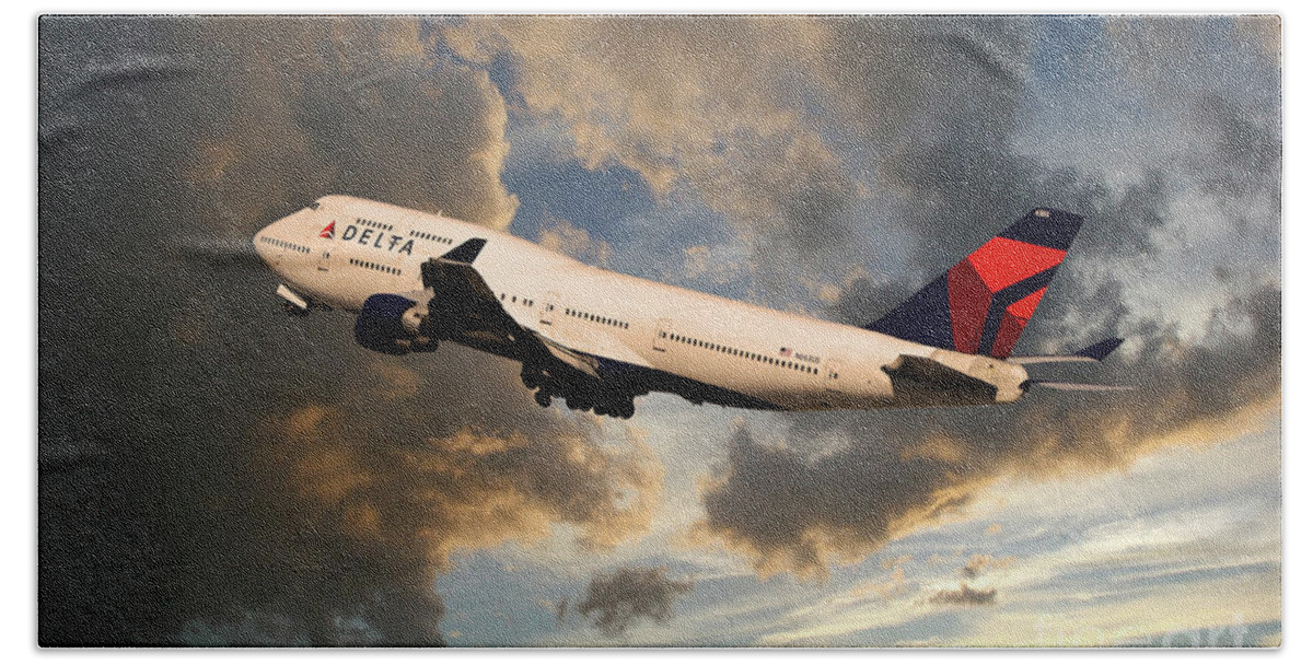Delta Hand Towel featuring the digital art Delta Airlines Boeing 747 #1 by Airpower Art