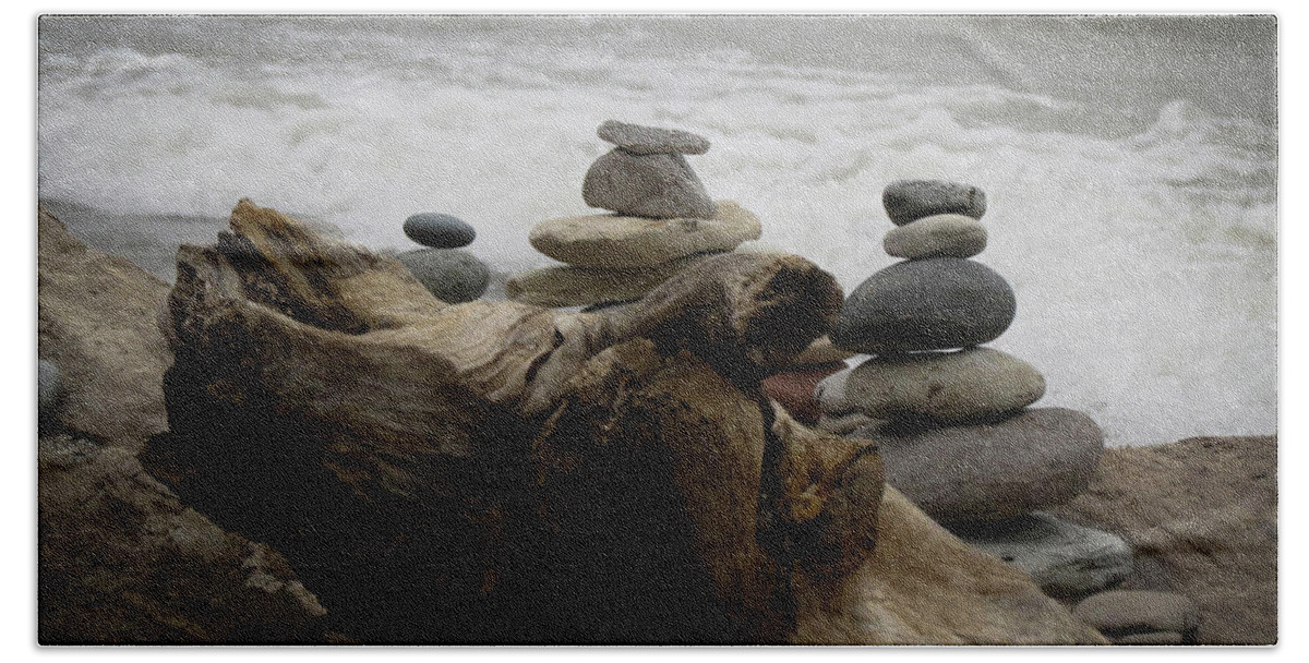  Hand Towel featuring the photograph Driftwood Cairns #1 by Kimberly Mackowski