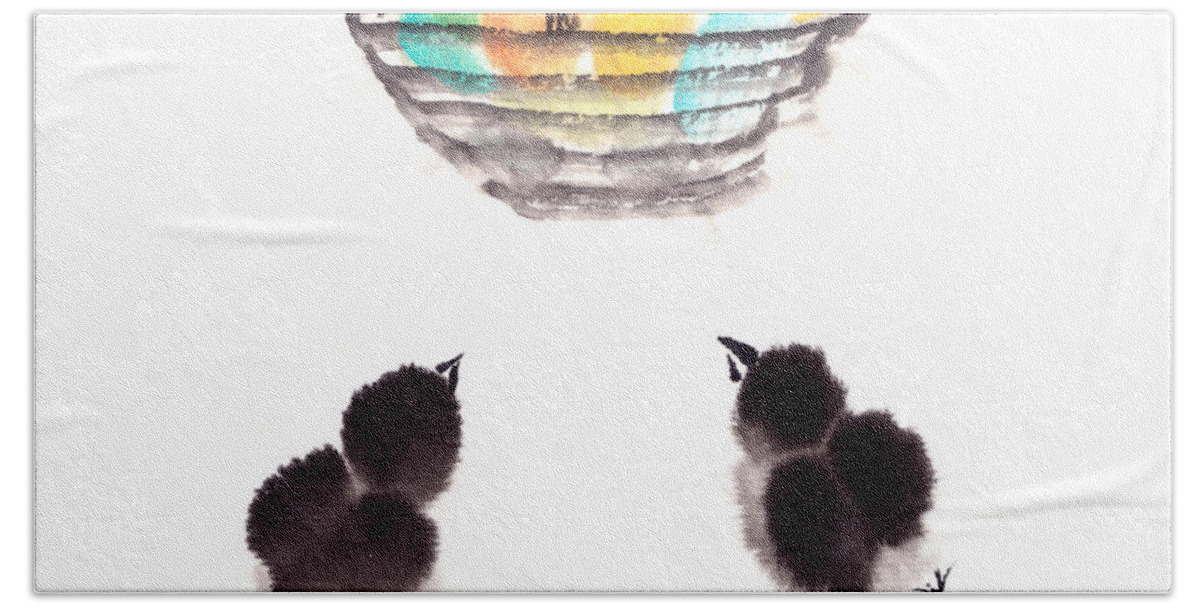 Easter Chicks Hand Towel featuring the painting Easter Chicks #1 by Oiyee At Oystudio