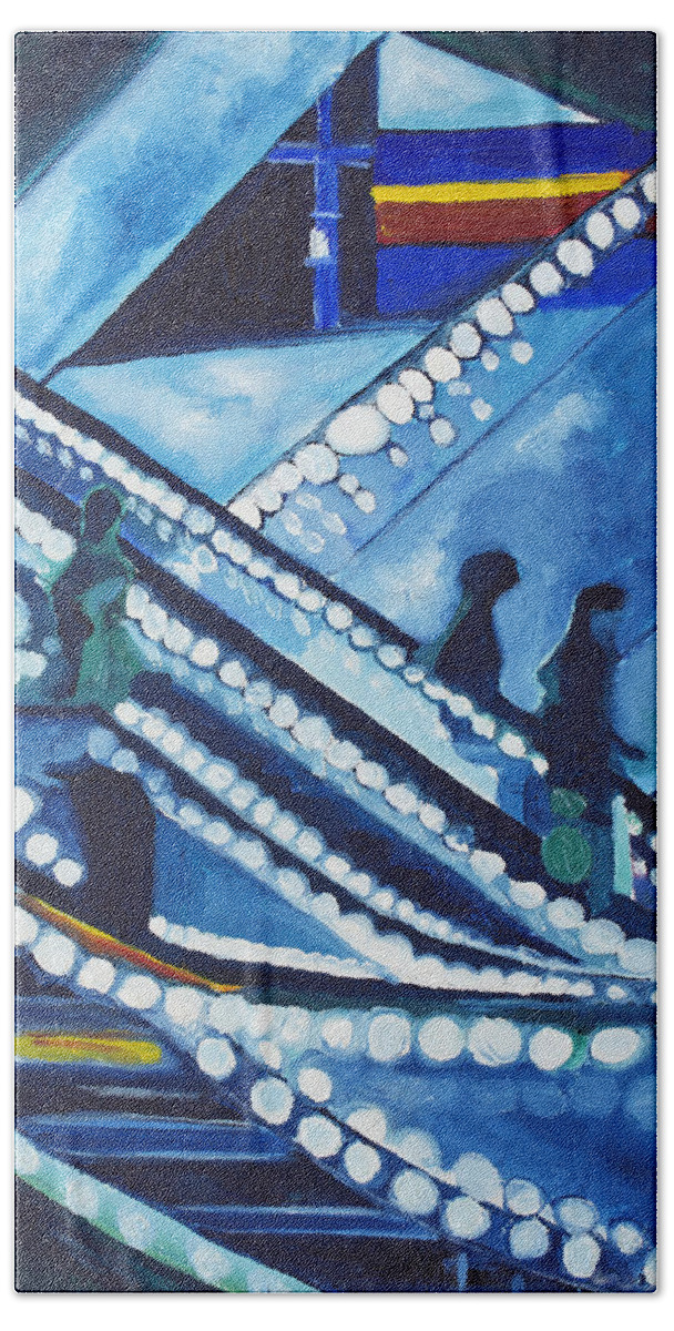 Night Scenes Bath Towel featuring the painting Escalator Lights by Patricia Arroyo