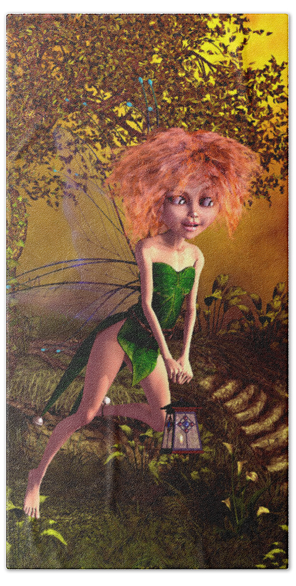 Fairy In The Woods Bath Towel featuring the digital art Fairy in the woods #1 by John Junek