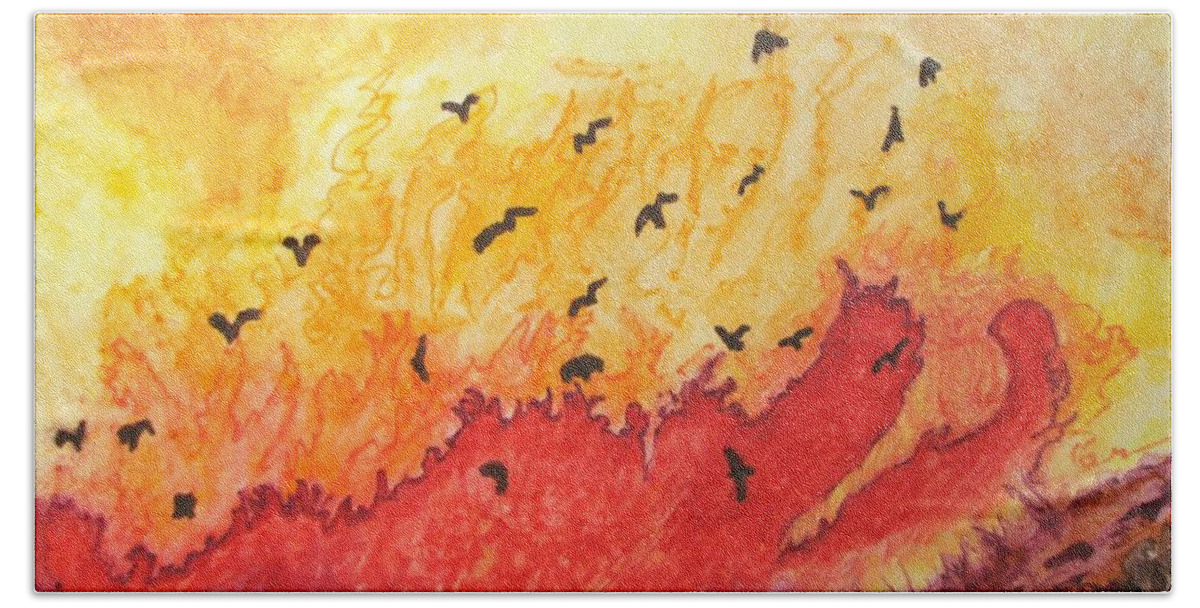 Birds Hand Towel featuring the painting Fire Birds by Patricia Arroyo