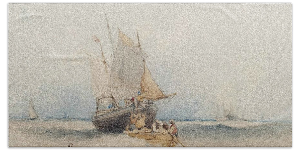 William Callow Hand Towel featuring the painting Fishing boats off Lowestoft #1 by MotionAge Designs