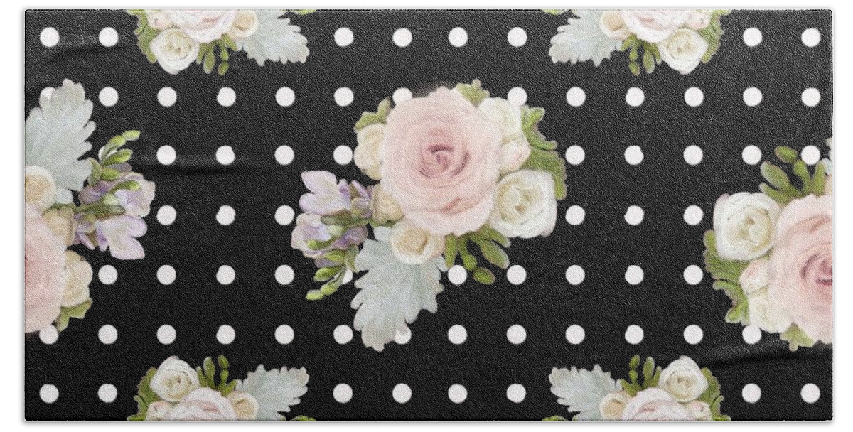 Home Decor Hand Towel featuring the painting Floral Rose Cluster w Dot Bedding Home Decor Art #1 by Audrey Jeanne Roberts