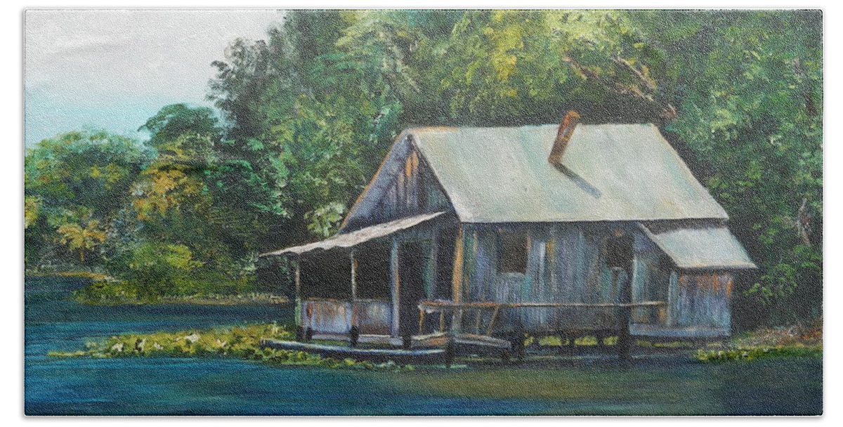 Florida Bath Towel featuring the painting Florida Fishing Shack #1 by Lessandra Grimley