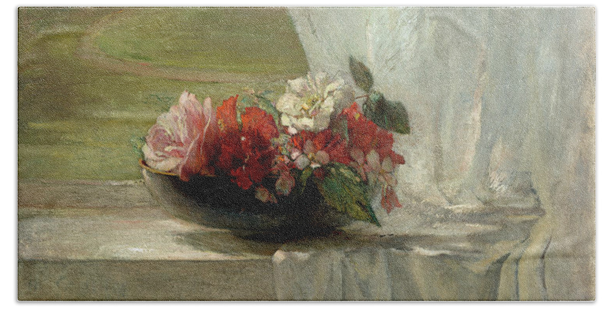 Curtains Hand Towel featuring the painting Flowers on a Window Ledge #1 by John La Farge