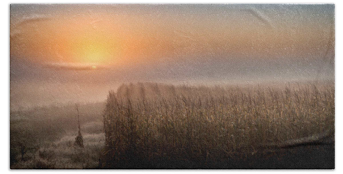 Fog Bath Towel featuring the photograph Foggy Sunrise over MN Cornfields #1 by Rikk Flohr