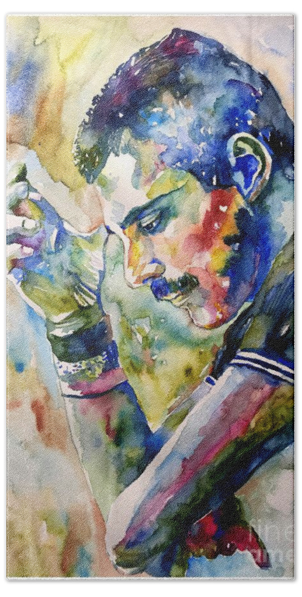 Freddie Hand Towel featuring the painting Freddie Mercury watercolor by Suzann Sines