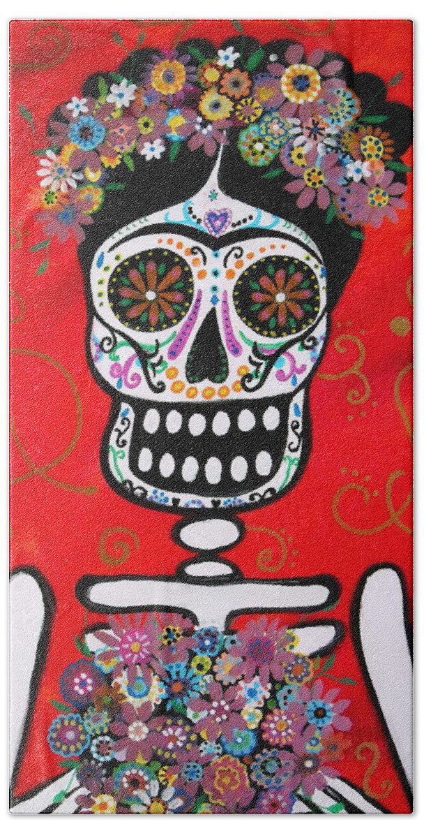 Dia Hand Towel featuring the painting Frida Dia De Los Muertos #1 by Pristine Cartera Turkus
