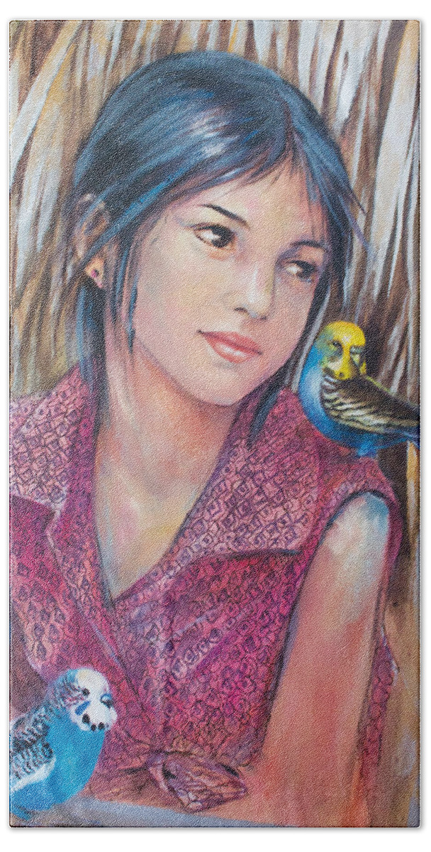 Bird Hand Towel featuring the painting Friendship by Vali Irina Ciobanu