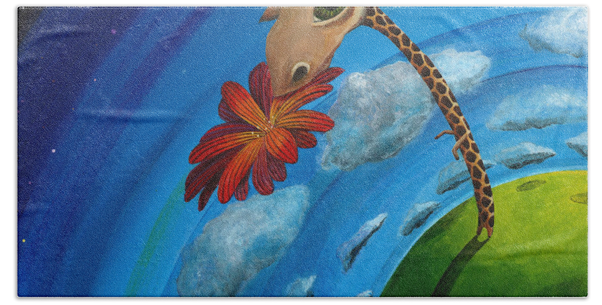 Giraffe Hand Towel featuring the painting Reach For the Sky by Mindy Huntress