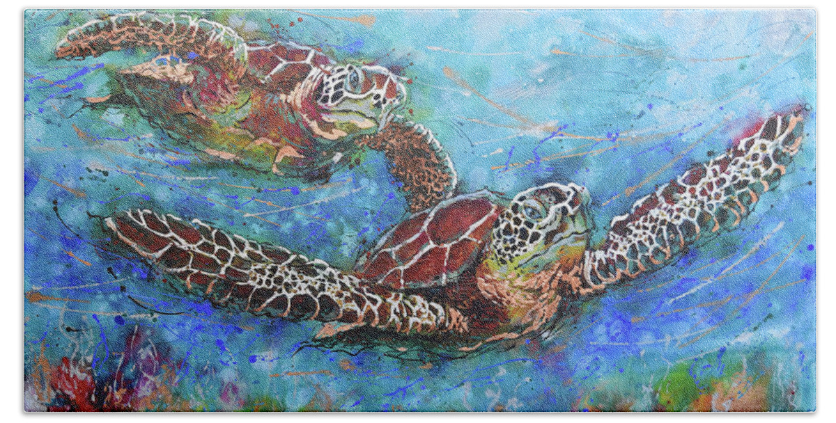 Marine Turtles Bath Towel featuring the painting Gliding Turtles by Jyotika Shroff