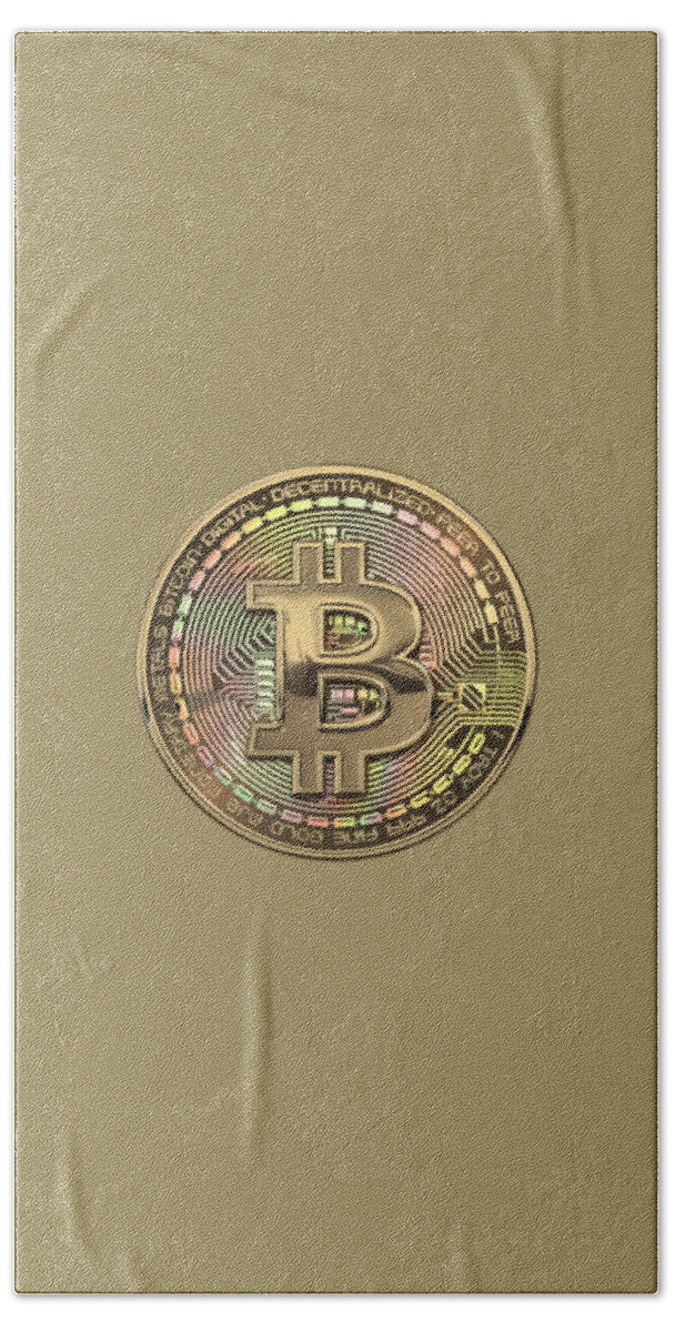 'money’ Collection By Serge Averbukh Hand Towel featuring the photograph Gold Bitcoin Effigy over Black Canvas #2 by Serge Averbukh