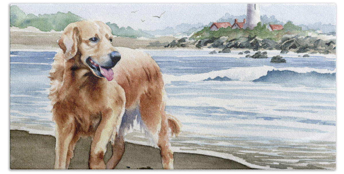 Golden Hand Towel featuring the painting Golden Retriever at the Beach #2 by David Rogers
