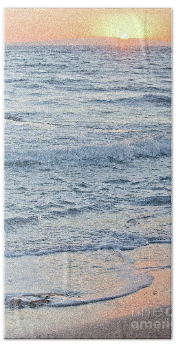Afternoon Hand Towel featuring the photograph Golden sunset and ocean horizon #1 by Ingela Christina Rahm