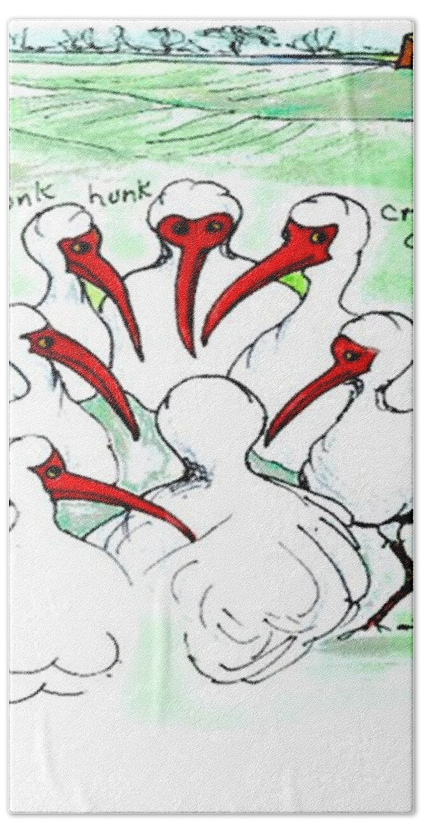 Ibis Bath Towel featuring the drawing Gossiping ibis #1 by Carol Allen Anfinsen