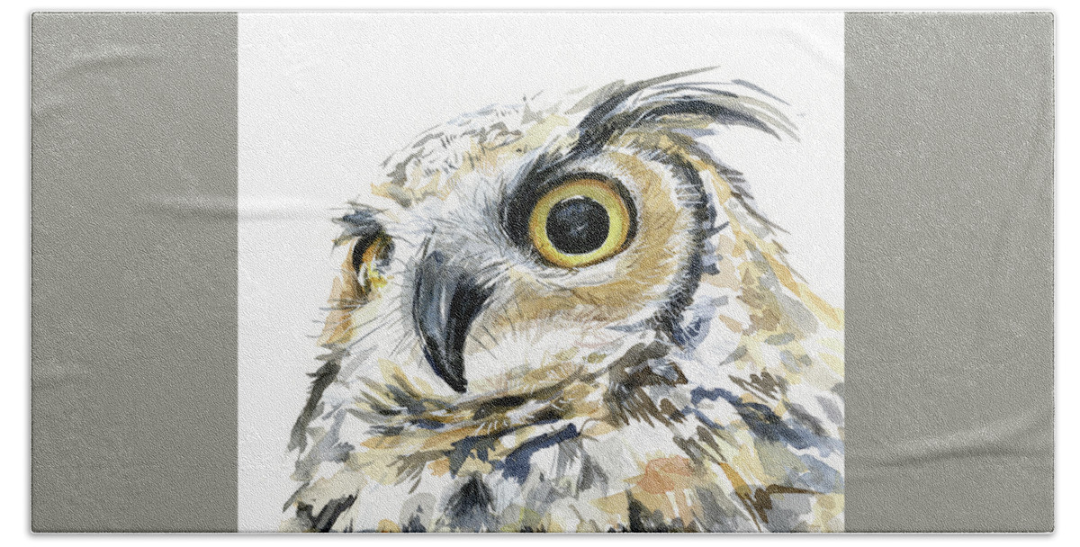 Owl Hand Towel featuring the painting Great Horned Owl Watercolor by Olga Shvartsur