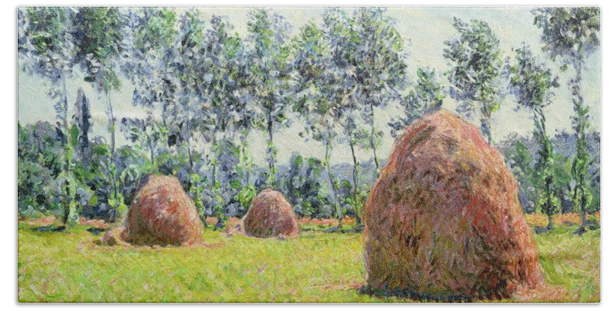 Haystacks At Giverny Hand Towel featuring the painting Haystacks at Giverny by Claude Monet